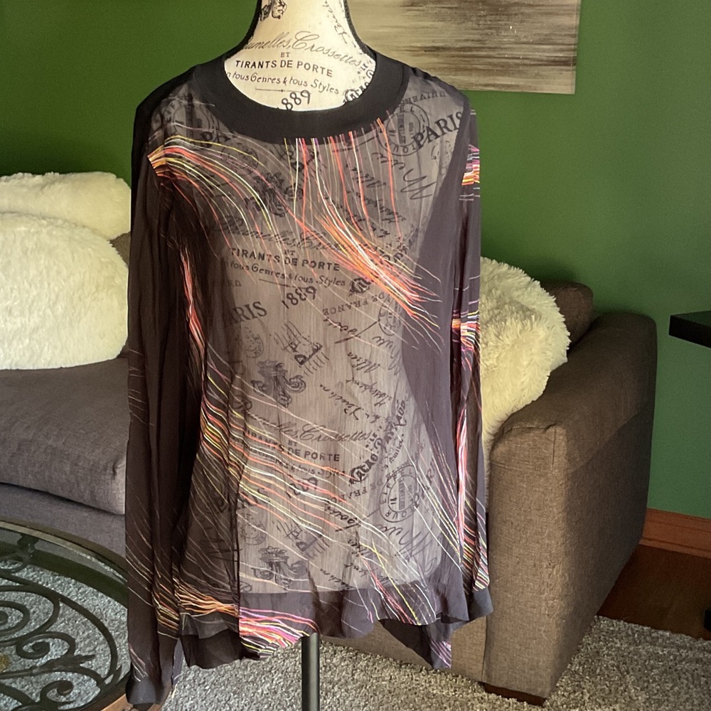 All Saints Black Multicolor Sheer Blouse, Size L